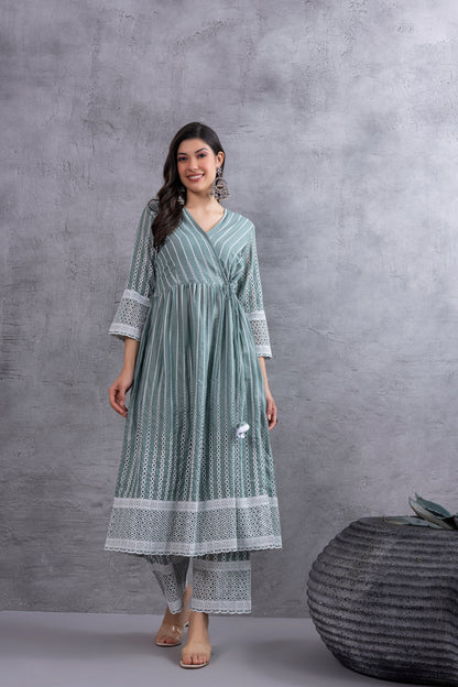 Dusty Sage Green Angrakha Style Chikankari Kurta set