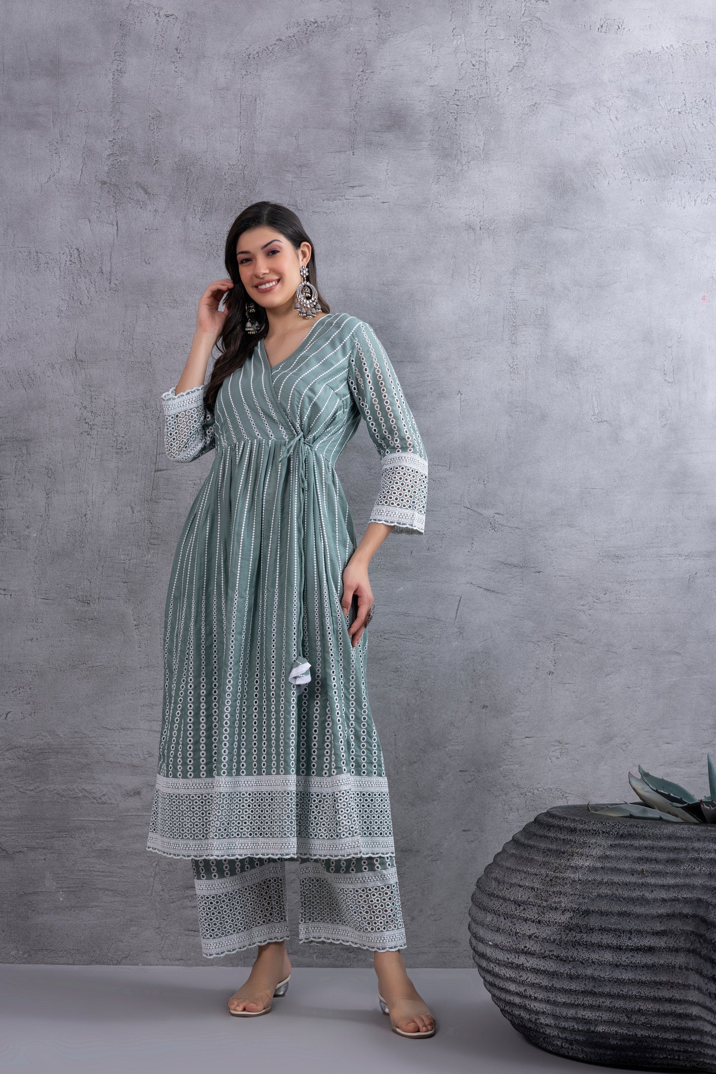 Dusty Sage Green Angrakha Style Chikankari Kurta set
