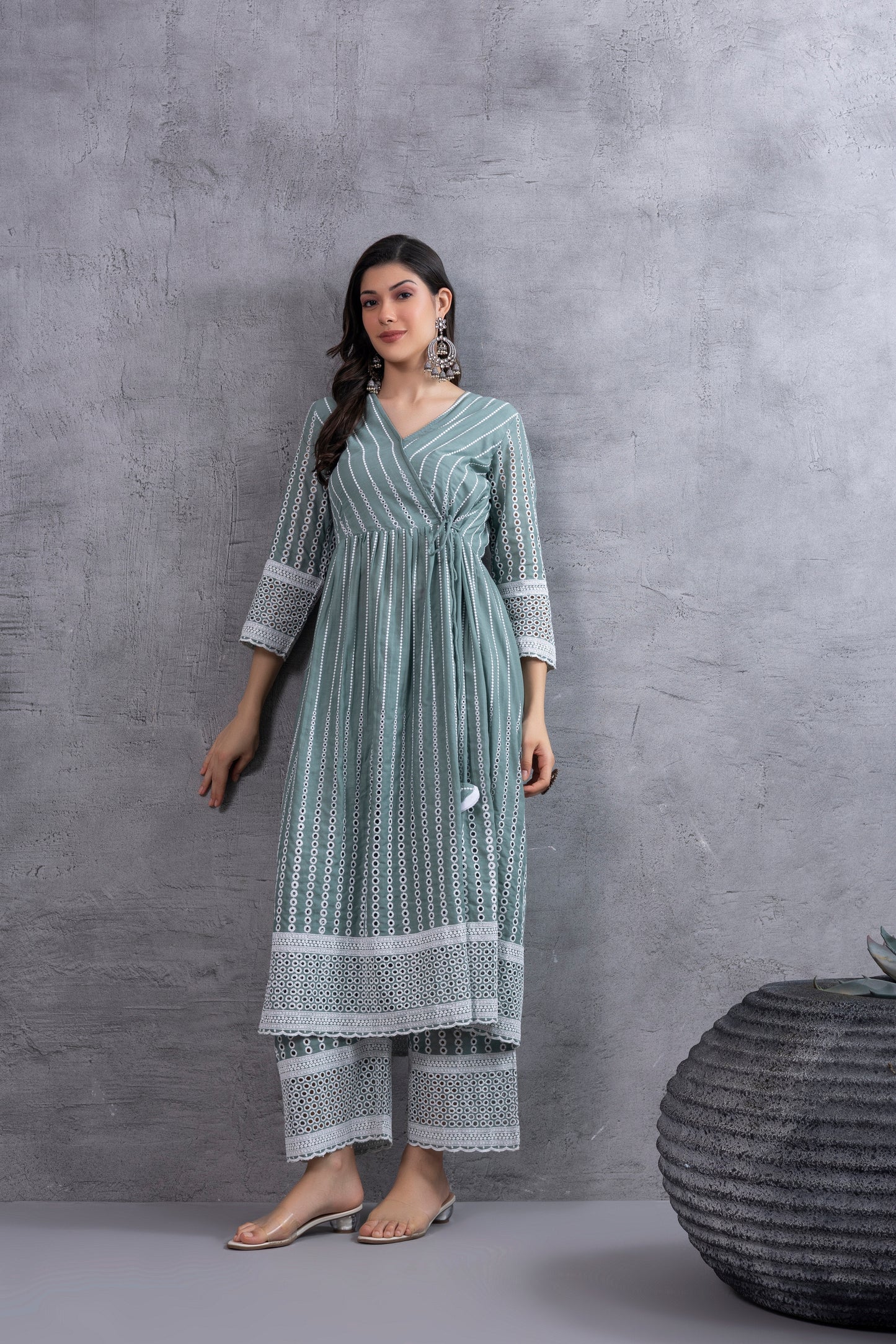 Dusty Sage Green Angrakha Style Chikankari Kurta set