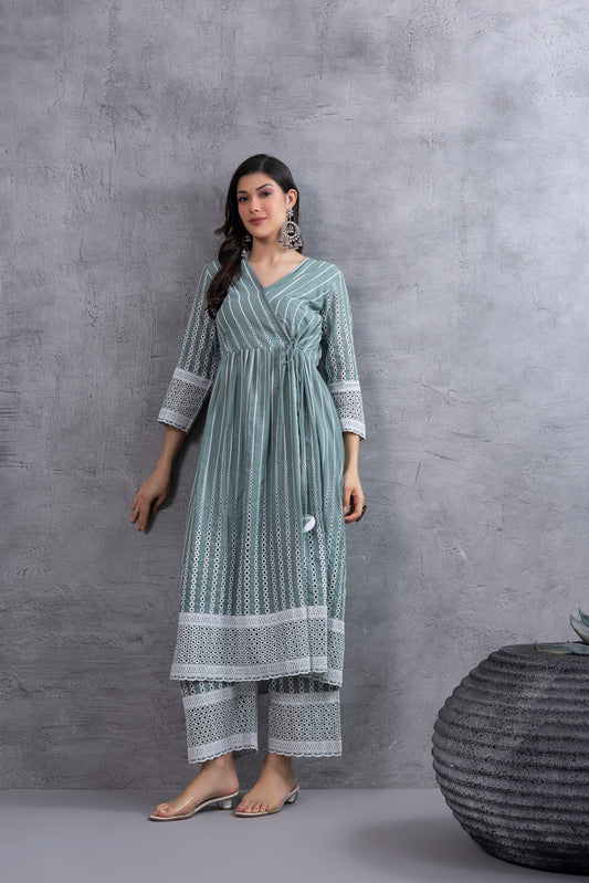 Dusty Sage Green Angrakha Style Chikankari Kurta set