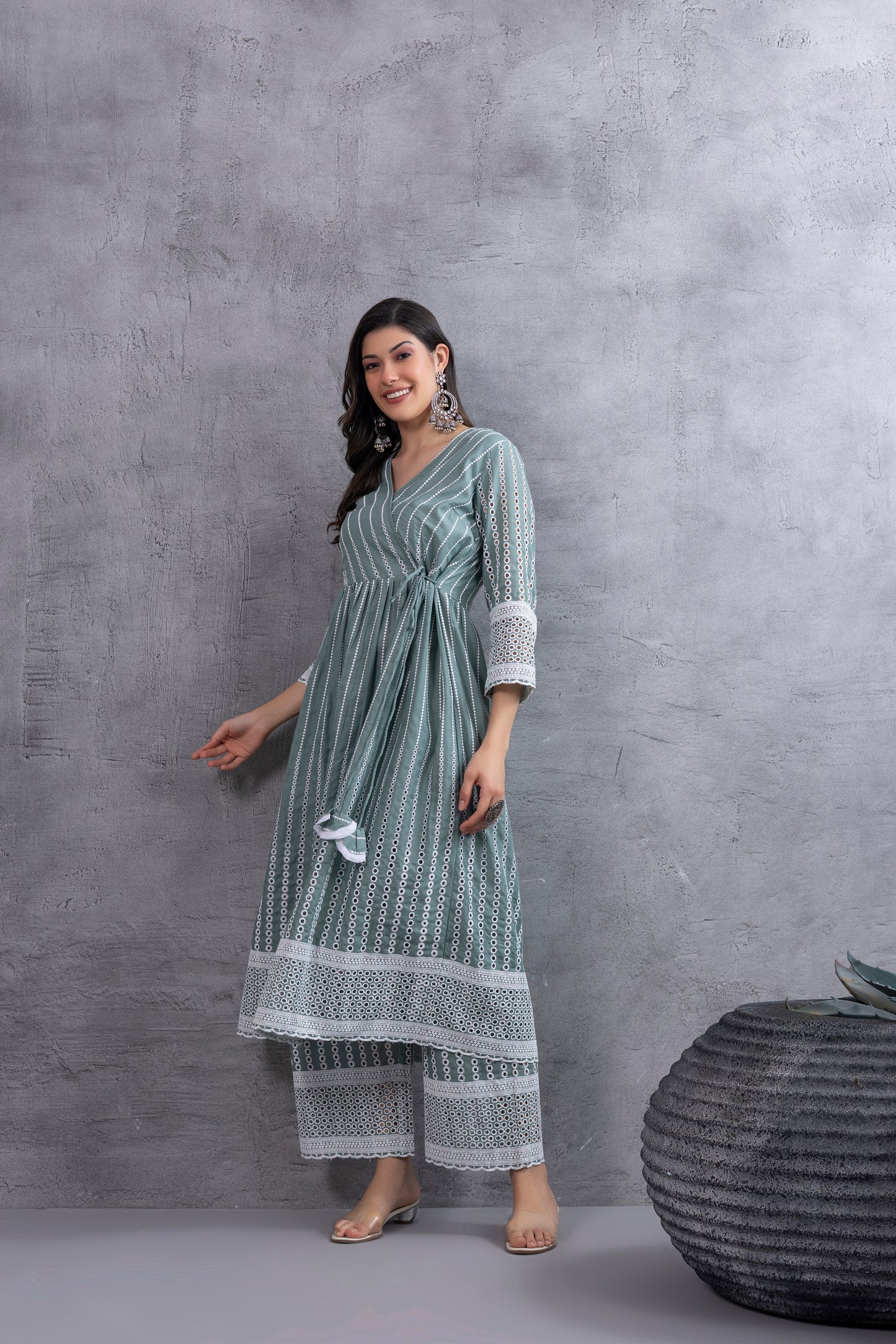 Dusty Sage Green Angrakha Style Chikankari Kurta set