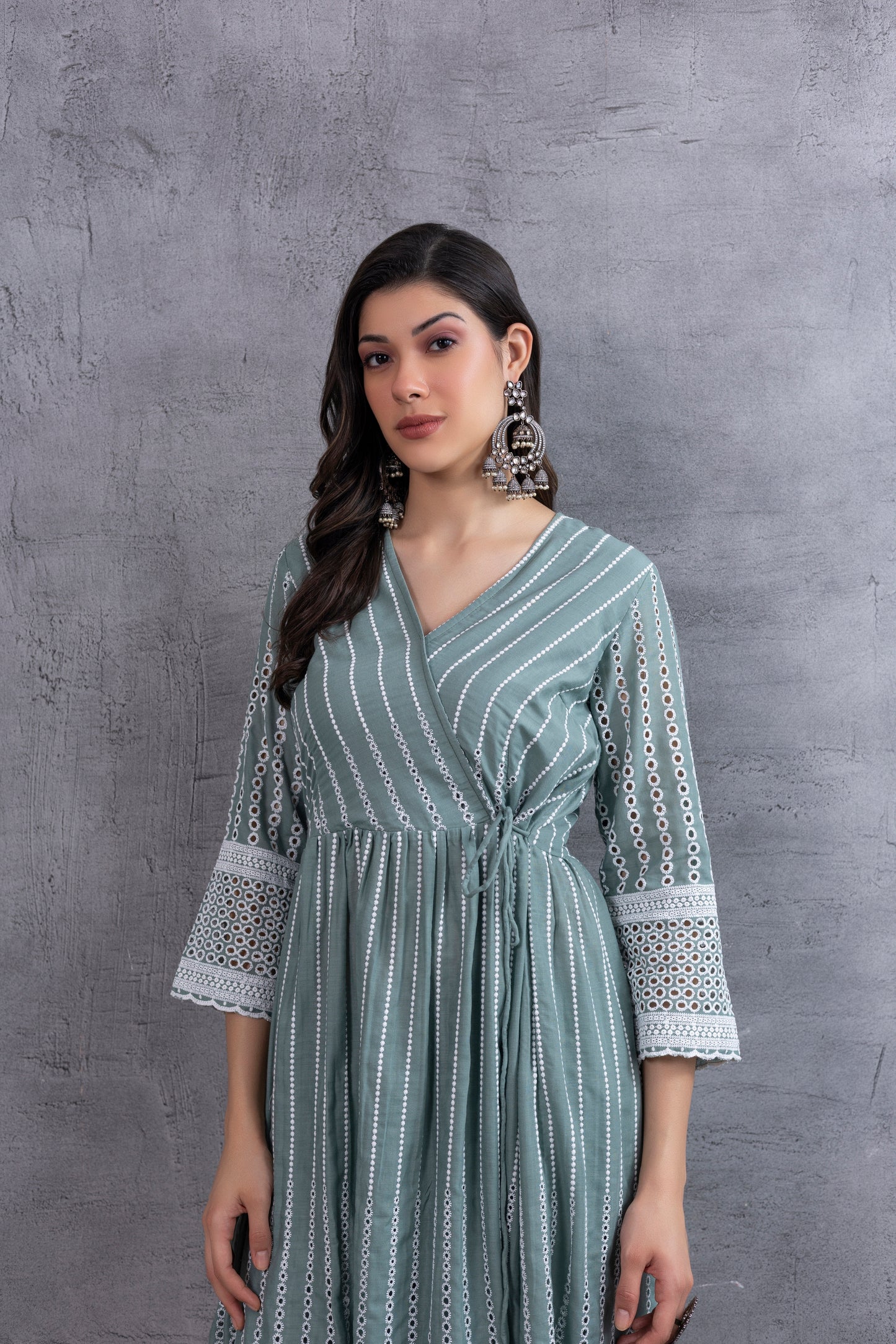 Dusty Sage Green Angrakha Style Chikankari Kurta set
