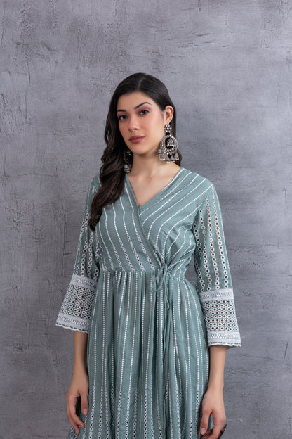 Dusty Sage Green Angrakha Style Chikankari Kurta set