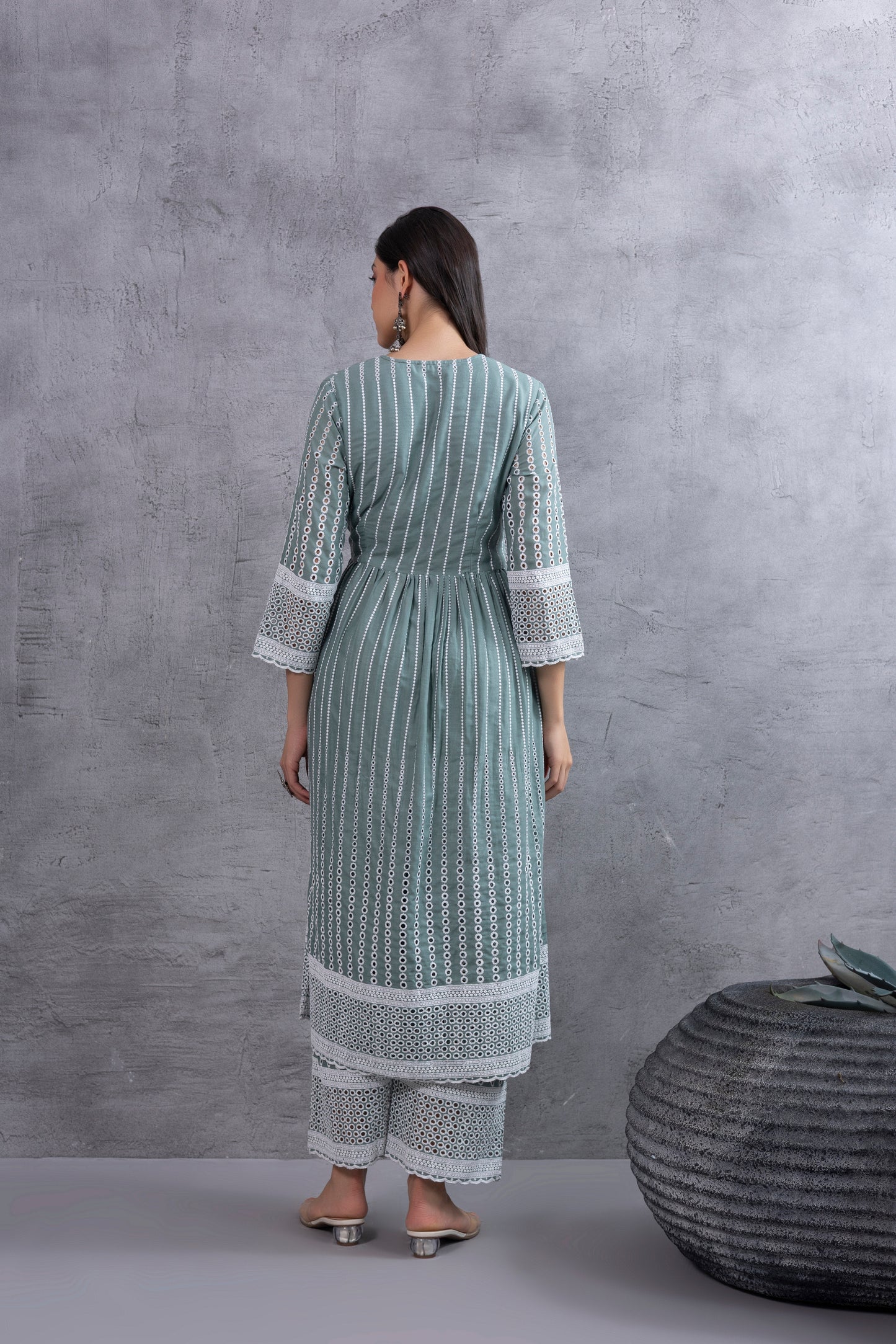 Dusty Sage Green Angrakha Style Chikankari Kurta set
