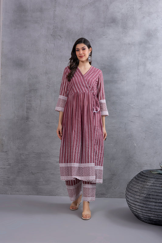 Dusty Pink Angrakha Style Chikankari Kurta set