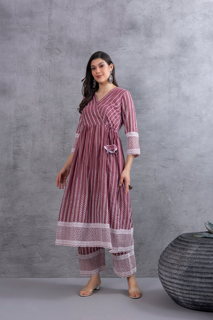 Dusty Pink Angrakha Style Chikankari Kurta set