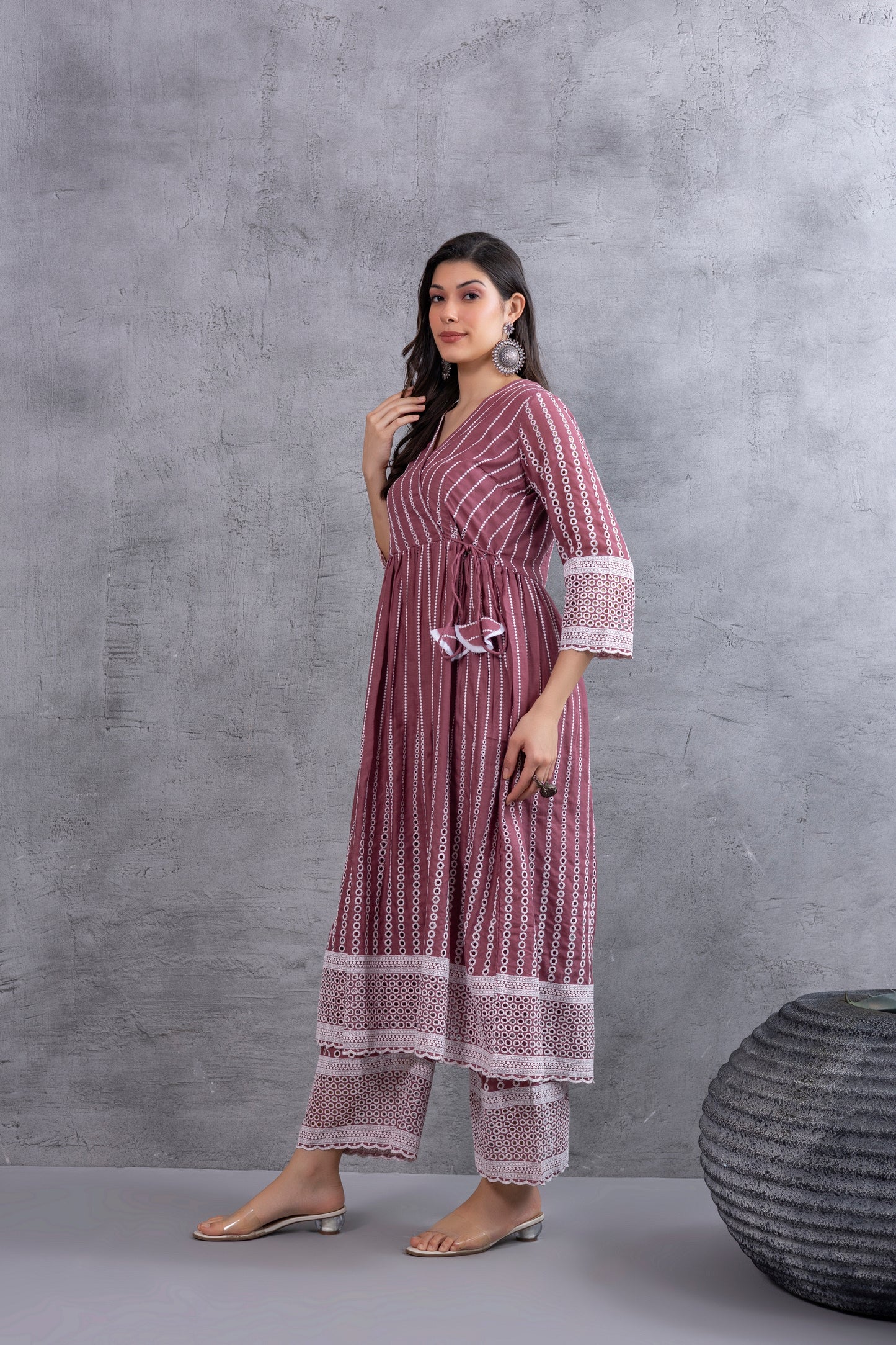 Dusty Pink Angrakha Style Chikankari Kurta set