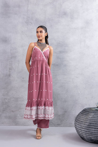 Dark Pastel Pink Halter Tiered Kurta Set