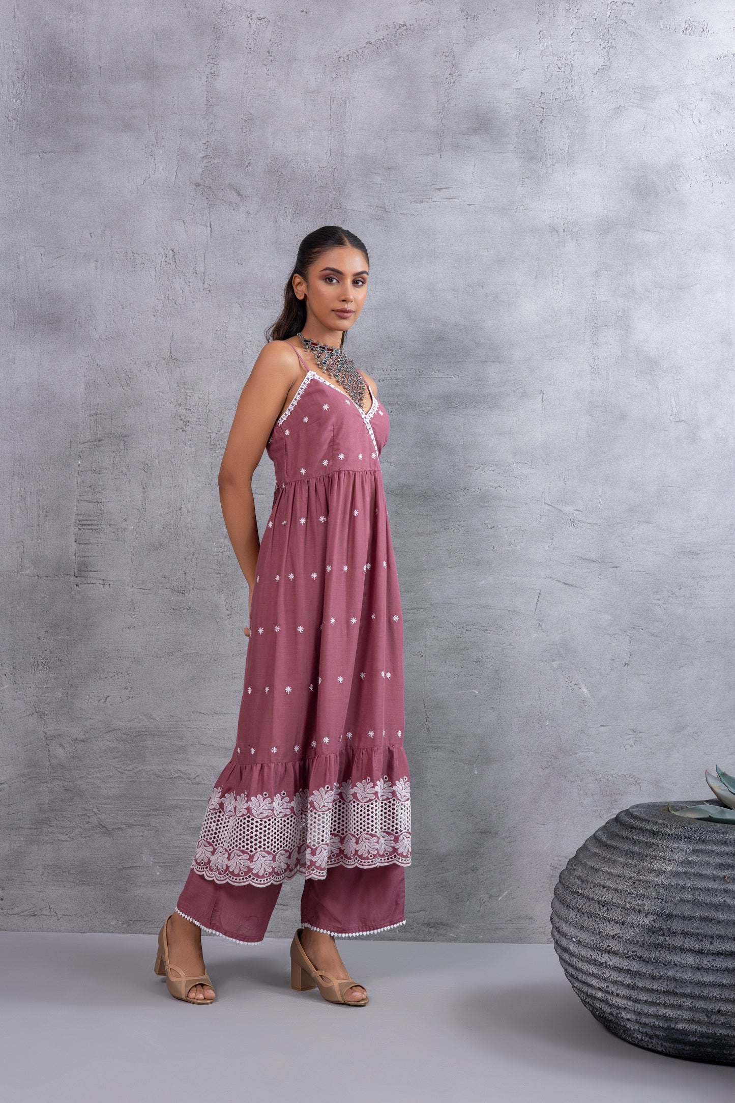 Dark Pastel Pink Halter Tiered Kurta Set
