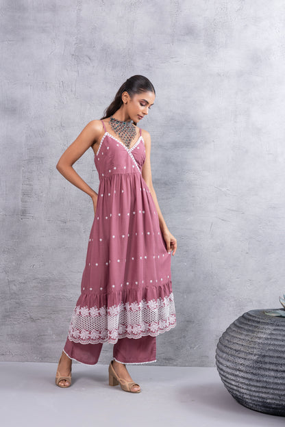 Dark Pastel Pink Halter Tiered Kurta Set