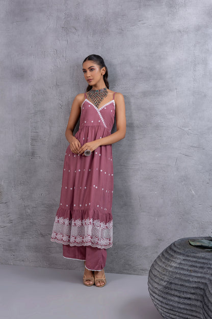 Dark Pastel Pink Halter Tiered Kurta Set