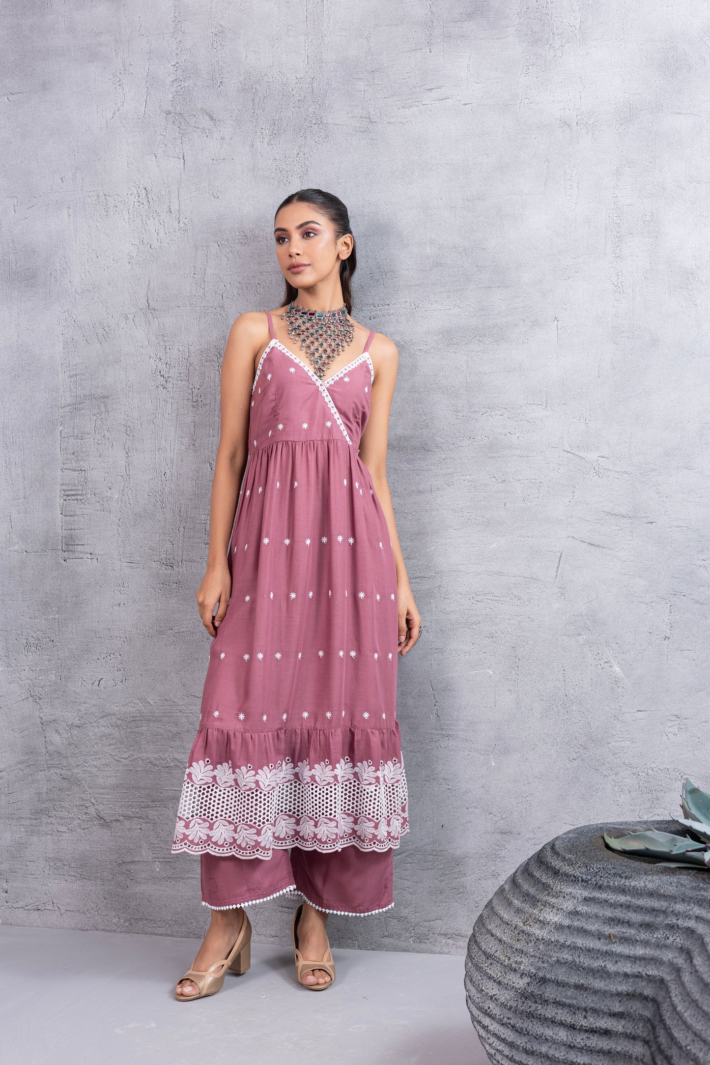 Dark Pastel Pink Halter Tiered Kurta Set