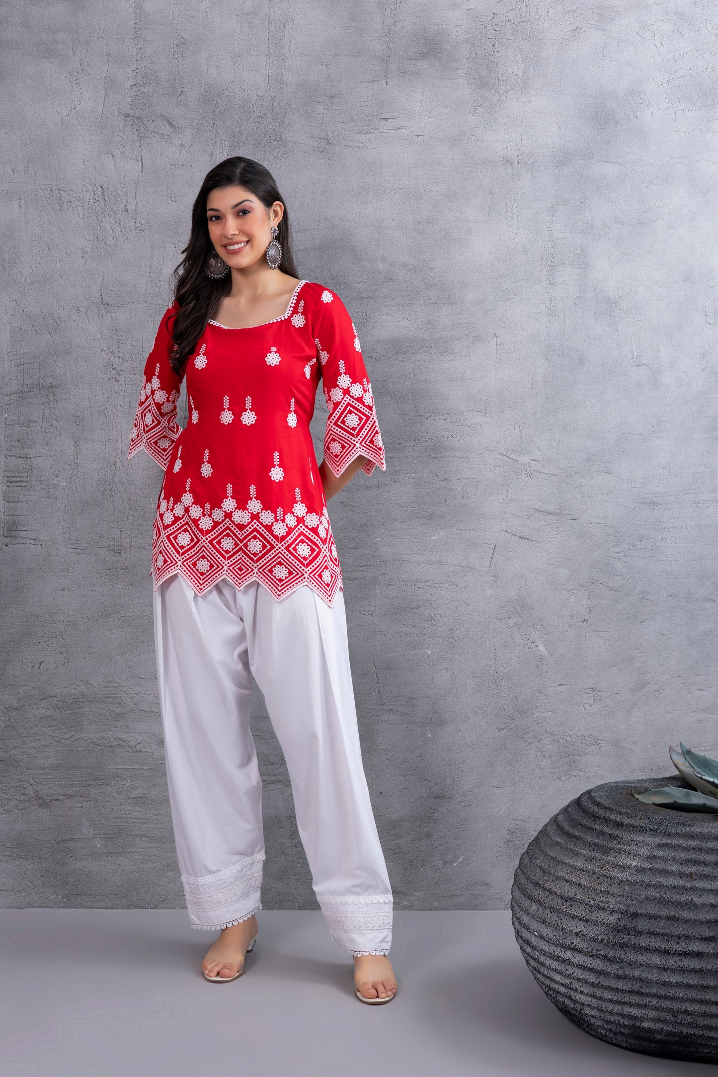 RED CHIKANKARI EMBROIDERED SALWAR SET