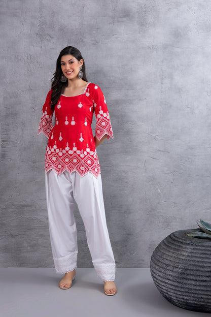 RED CHIKANKARI EMBROIDERED SALWAR SET