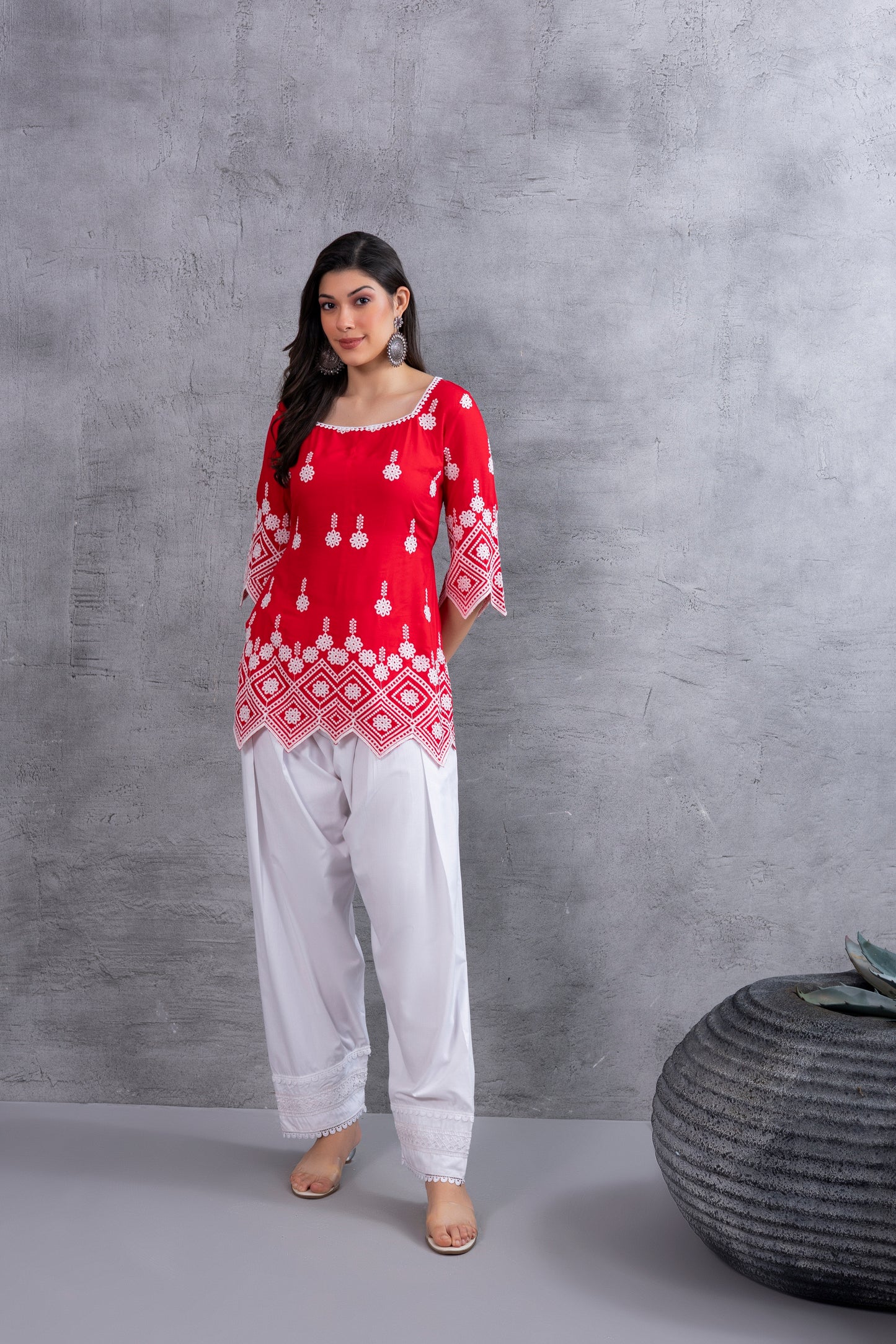 RED CHIKANKARI EMBROIDERED SALWAR SET