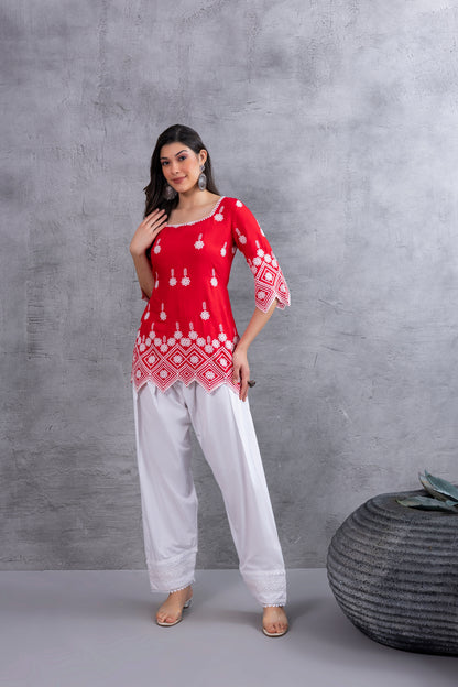 RED CHIKANKARI EMBROIDERED SALWAR SET