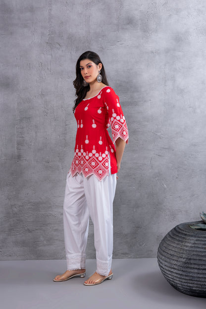 RED CHIKANKARI EMBROIDERED SALWAR SET