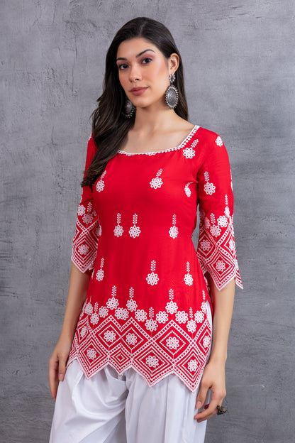 Red Chikankari Embroidered kurta