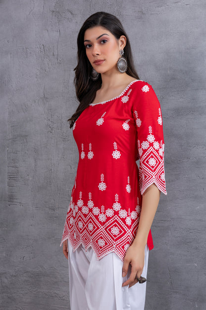 RED CHIKANKARI EMBROIDERED SALWAR SET