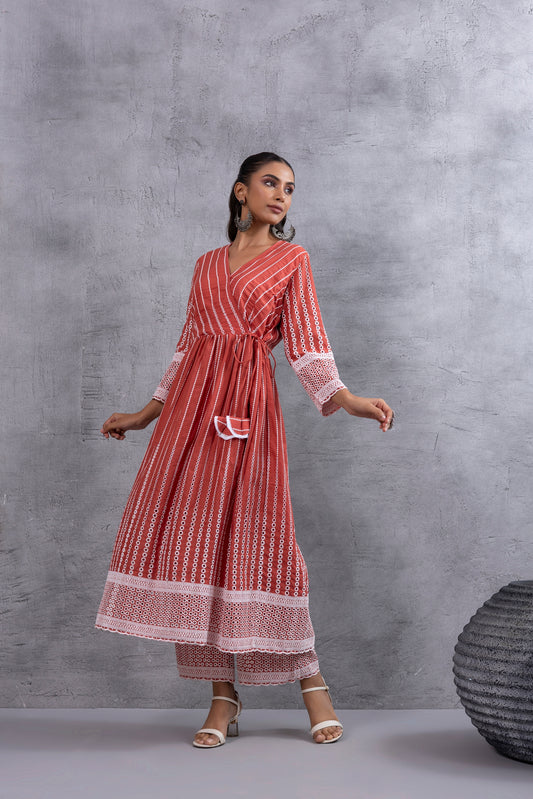 Rust Angrakha Style Chikankari Kurta set