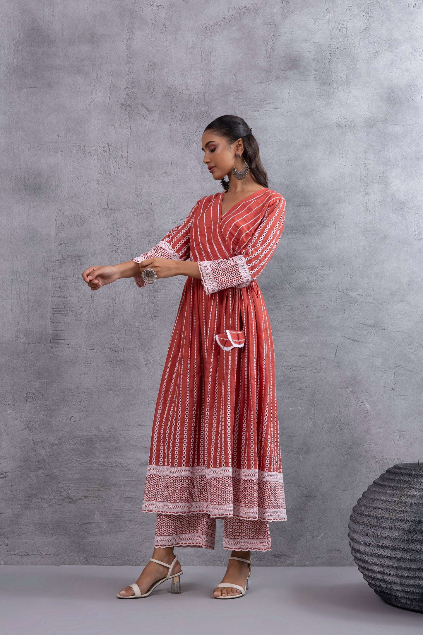 Rust Angrakha Style Chikankari Kurta set
