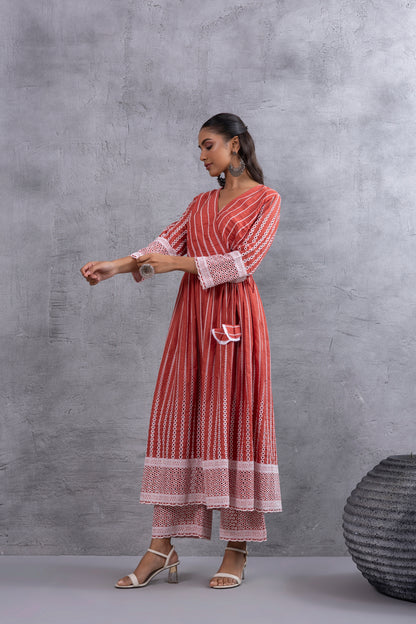 Rust Angrakha Style Chikankari Kurta set