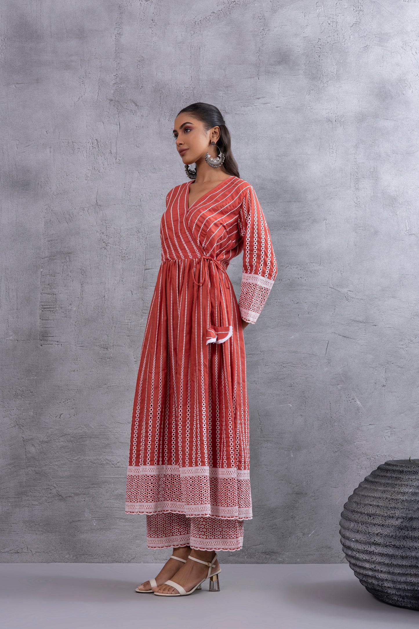 Rust Angrakha Style Chikankari Kurta set