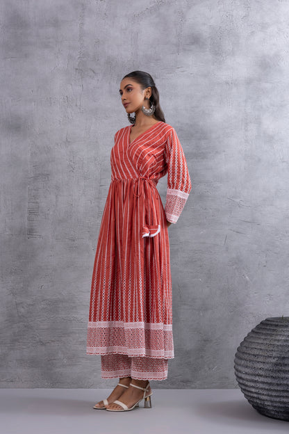 Rust Angrakha Style Chikankari Kurta set