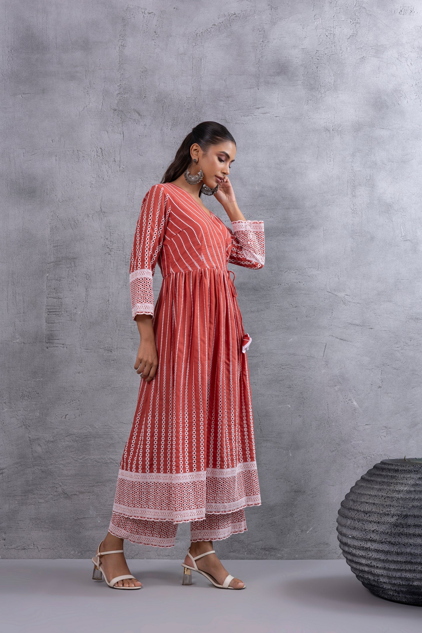 Rust Angrakha Style Chikankari Kurta set