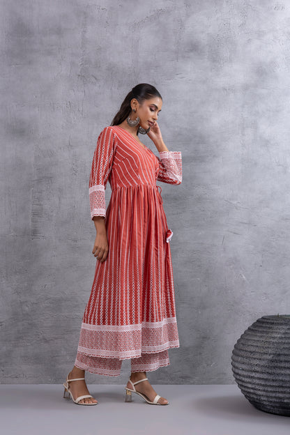 Rust Angrakha Style Chikankari Kurta set