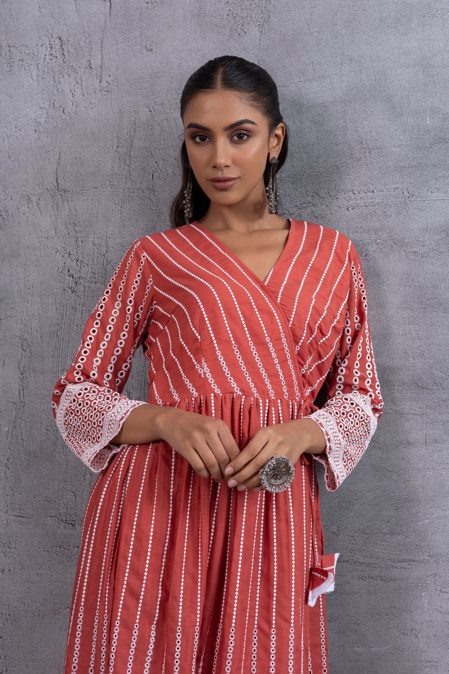 Rust Angrakha Style Chikankari Kurta set