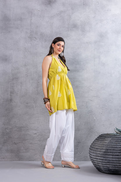 LIME AND WHITE FLORAL EMBROIDERED HALTER CO-ORD SET