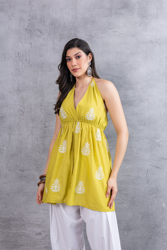Lime And White Floral Embroidered Halter Top