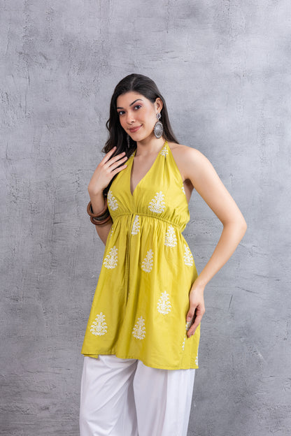 Lime And White Floral Embroidered Halter Top