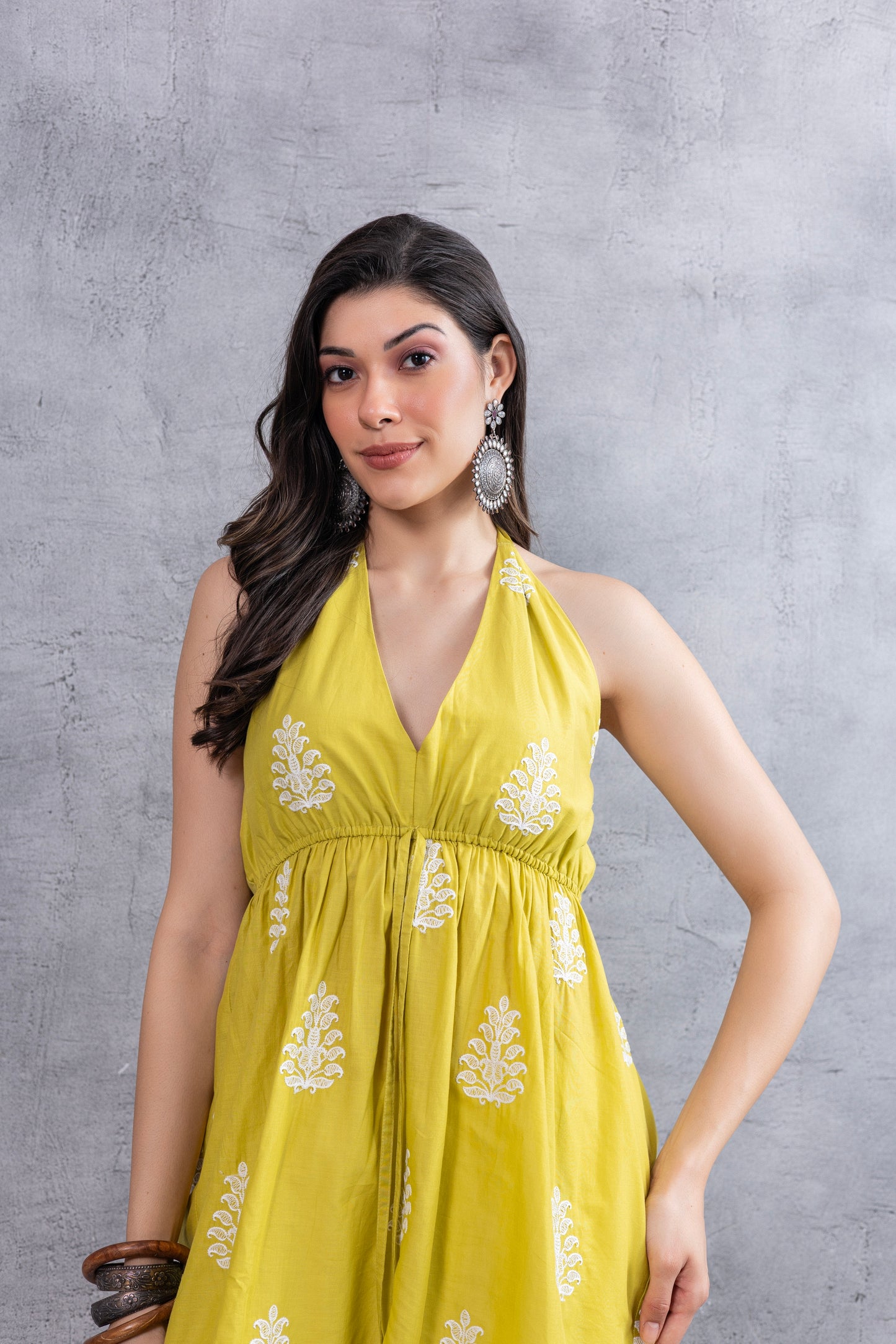 LIME AND WHITE FLORAL EMBROIDERED HALTER CO-ORD SET