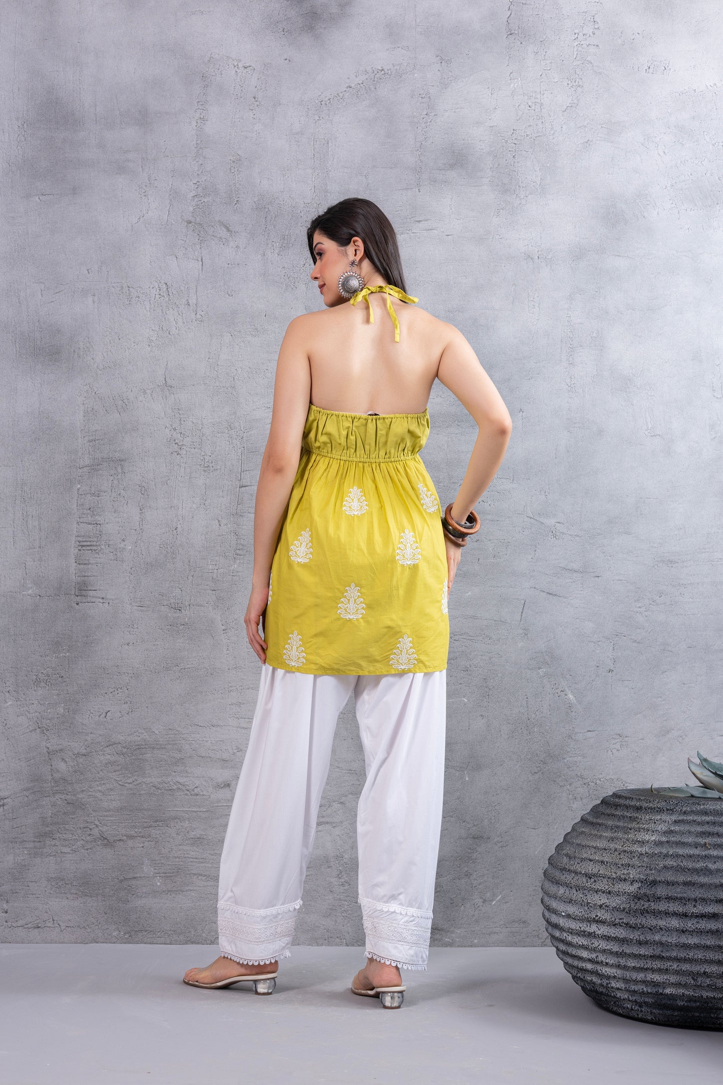 LIME AND WHITE FLORAL EMBROIDERED HALTER CO-ORD SET