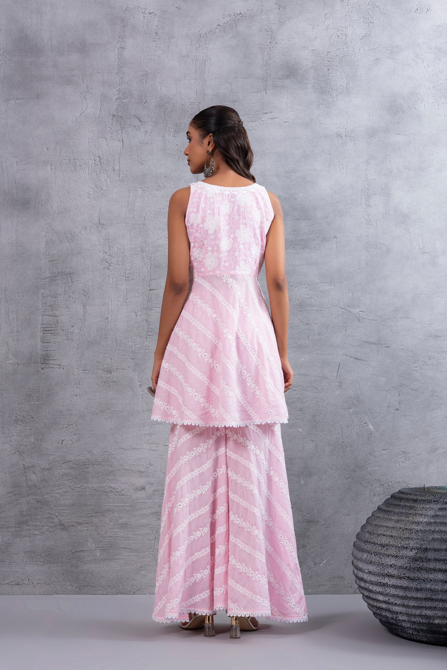 Baby Pink Floral Embroidered Bias CutKurta set