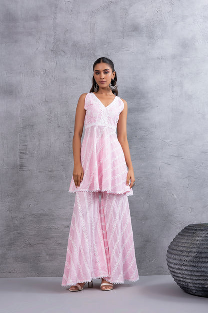 Baby Pink Floral Embroidered Bias CutKurta set