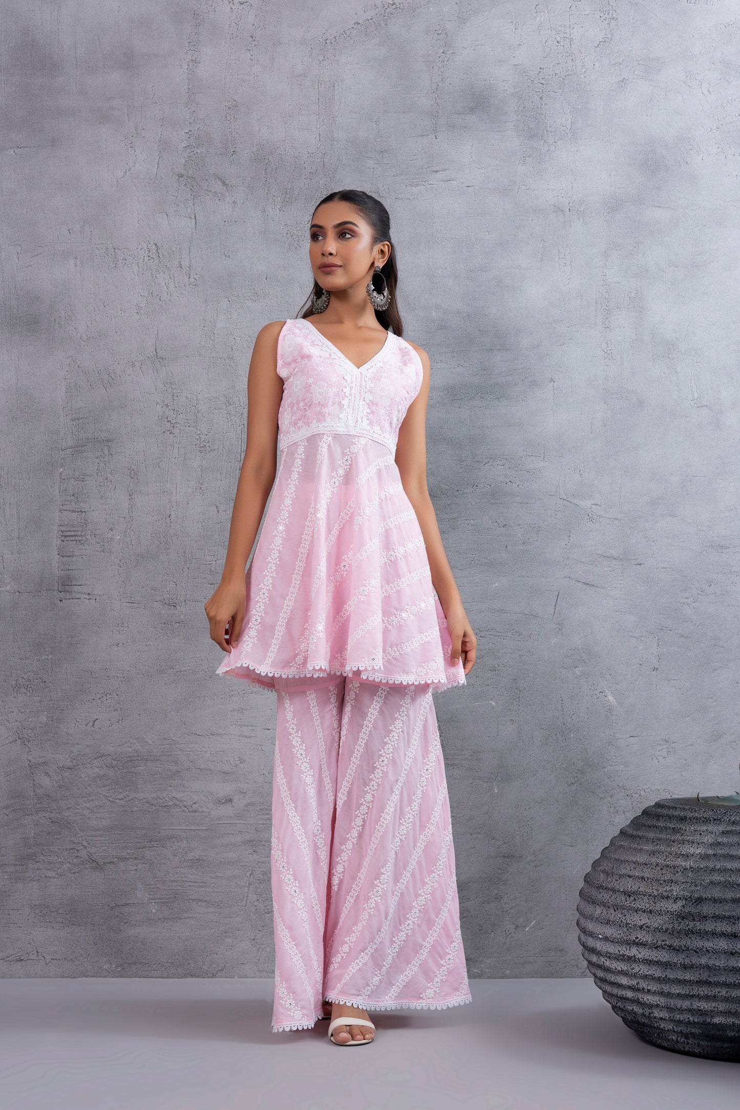 Baby Pink Floral Embroidered Bias CutKurta set
