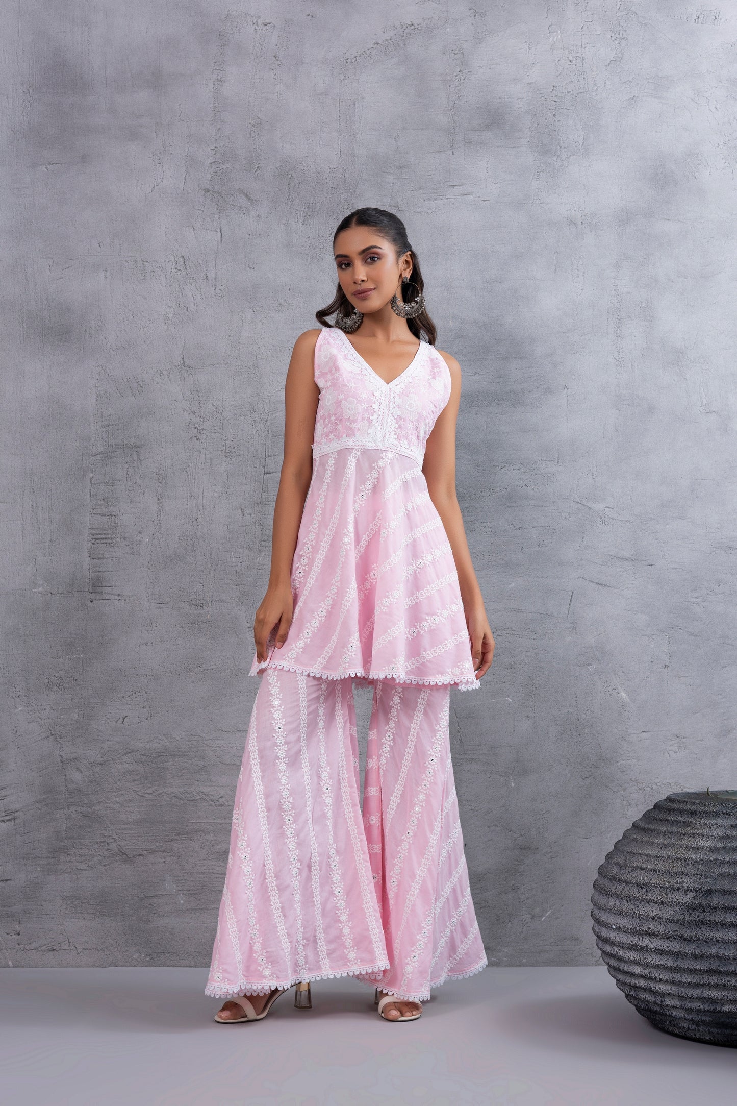 Baby Pink Floral Embroidered Bias CutKurta set