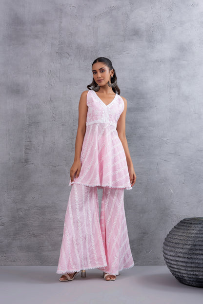Baby Pink Floral Embroidered Bias CutKurta set