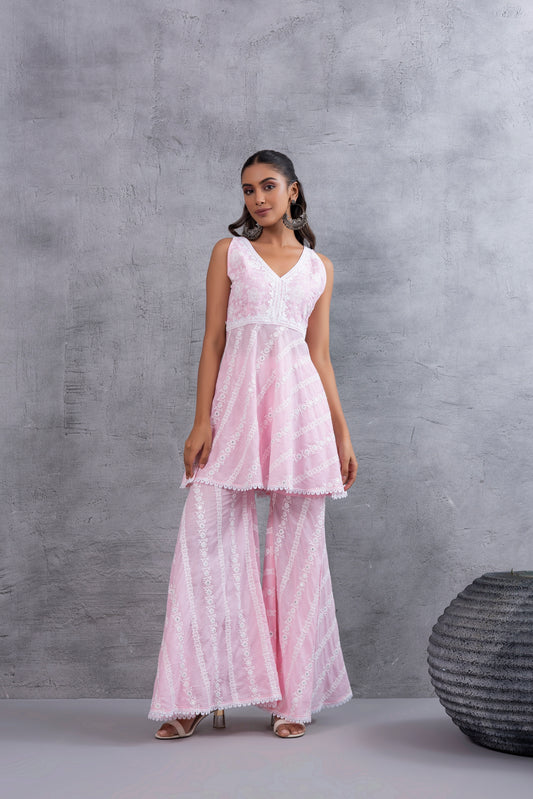 Baby Pink Floral Embroidered Bias CutKurta set