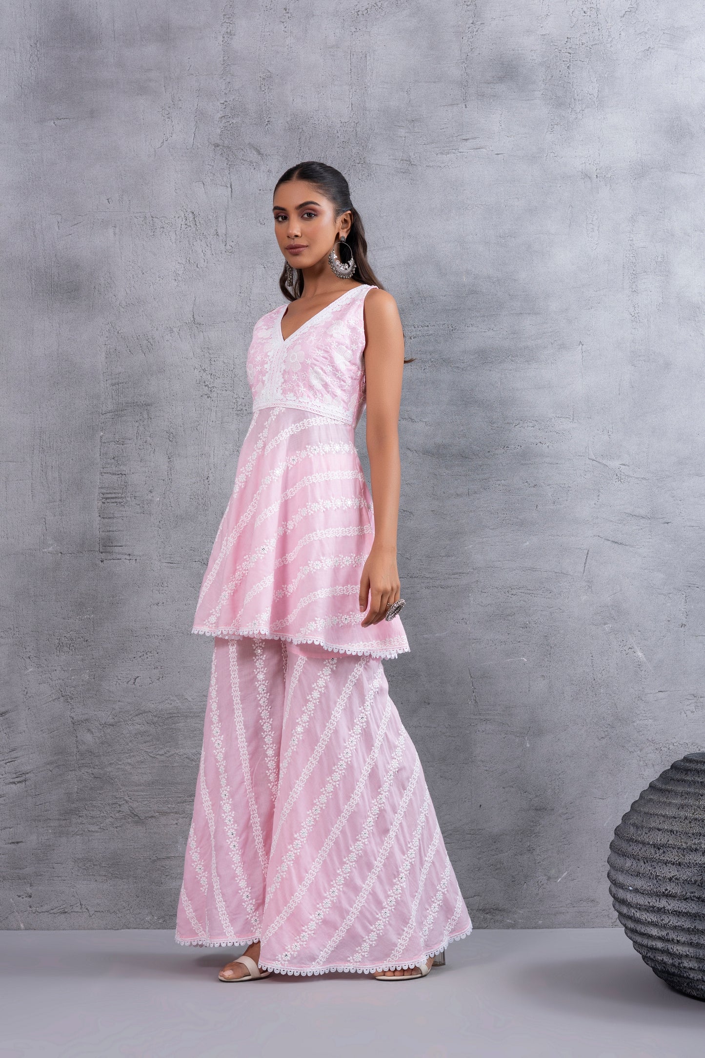 Baby Pink Floral Embroidered Bias CutKurta set