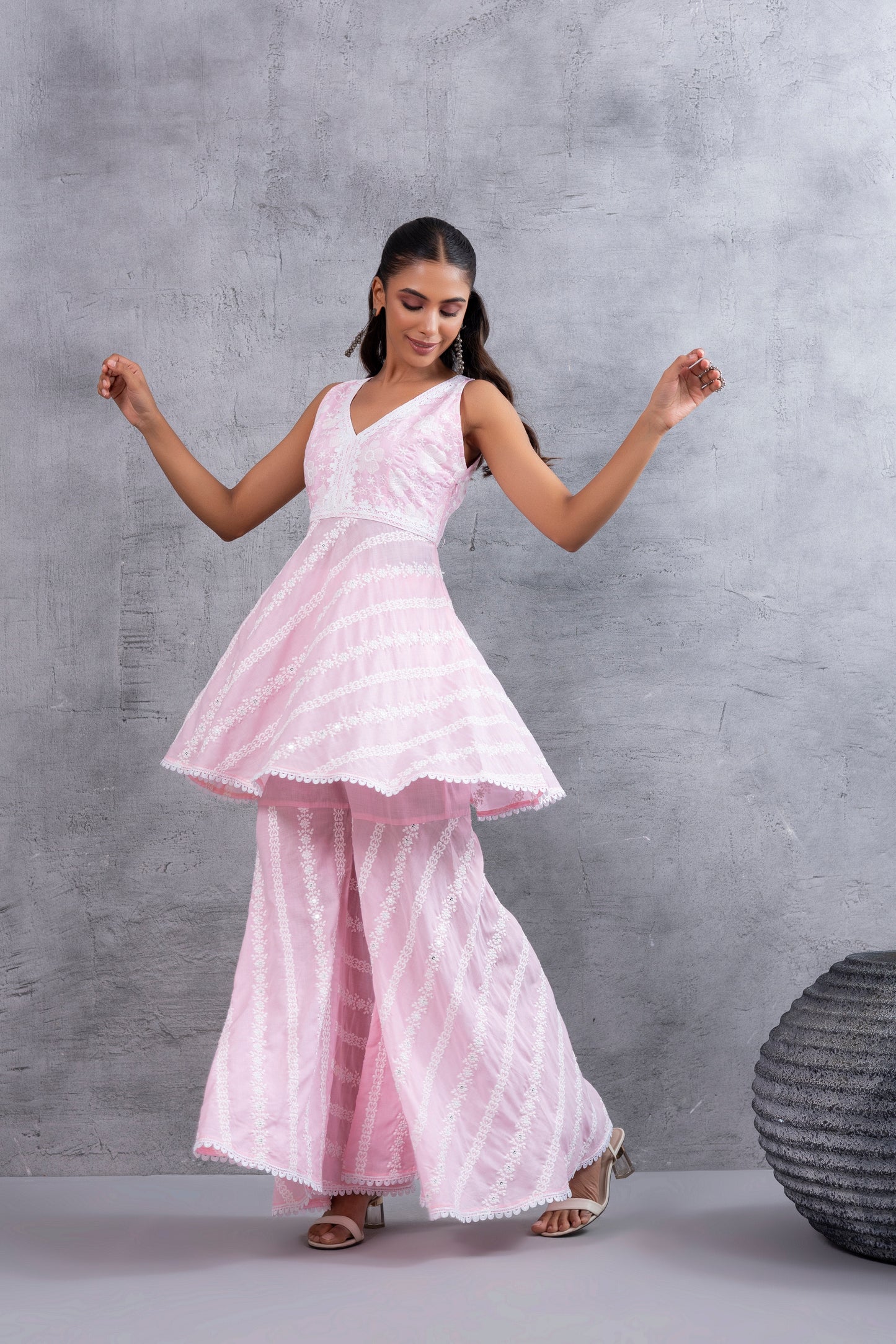 Baby Pink Floral Embroidered Bias CutKurta set