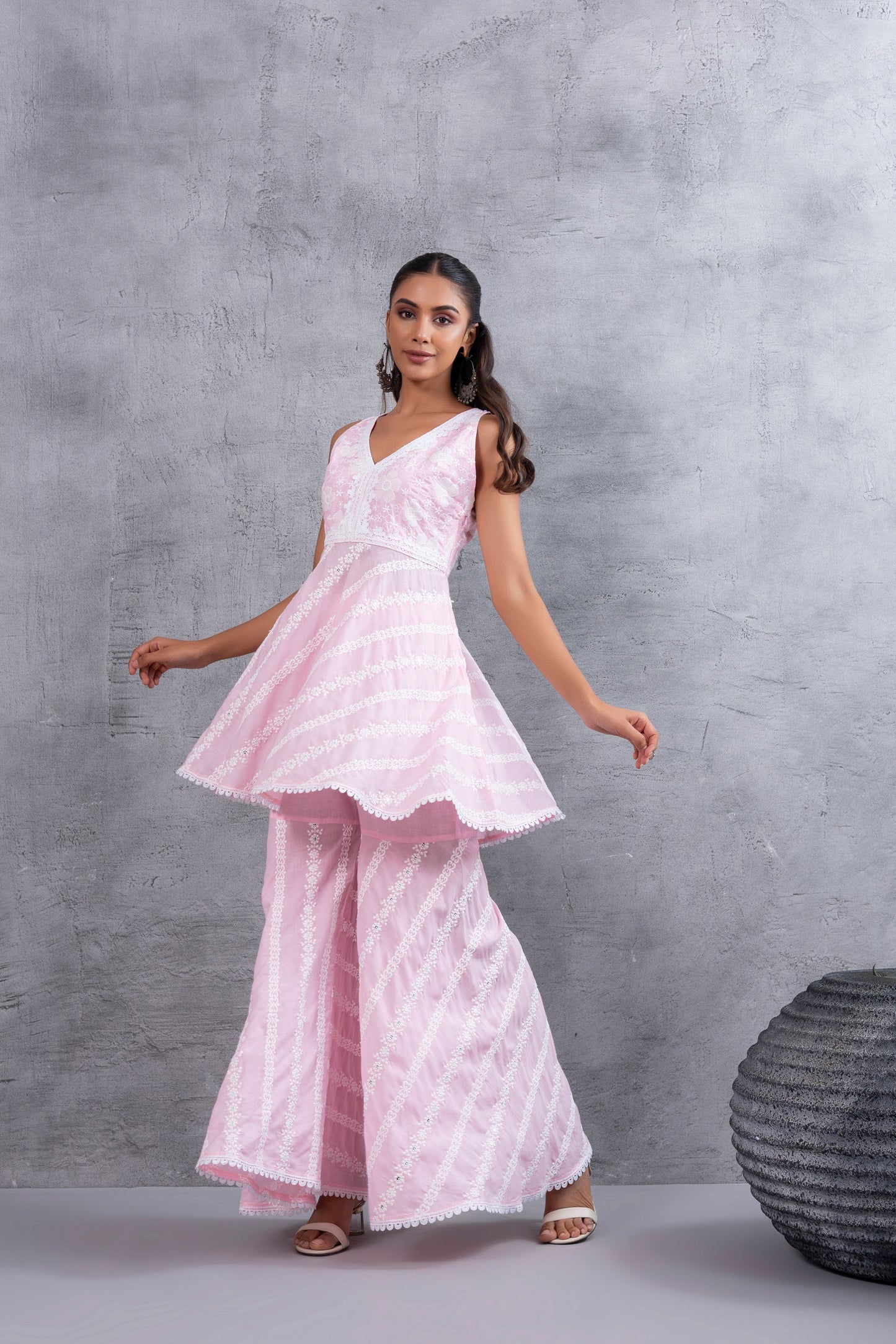 Baby Pink Floral Embroidered Bias CutKurta set