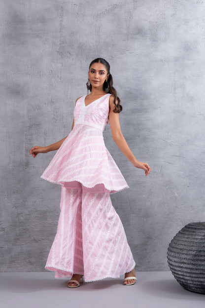 Baby Pink Floral Embroidered Bias CutKurta set