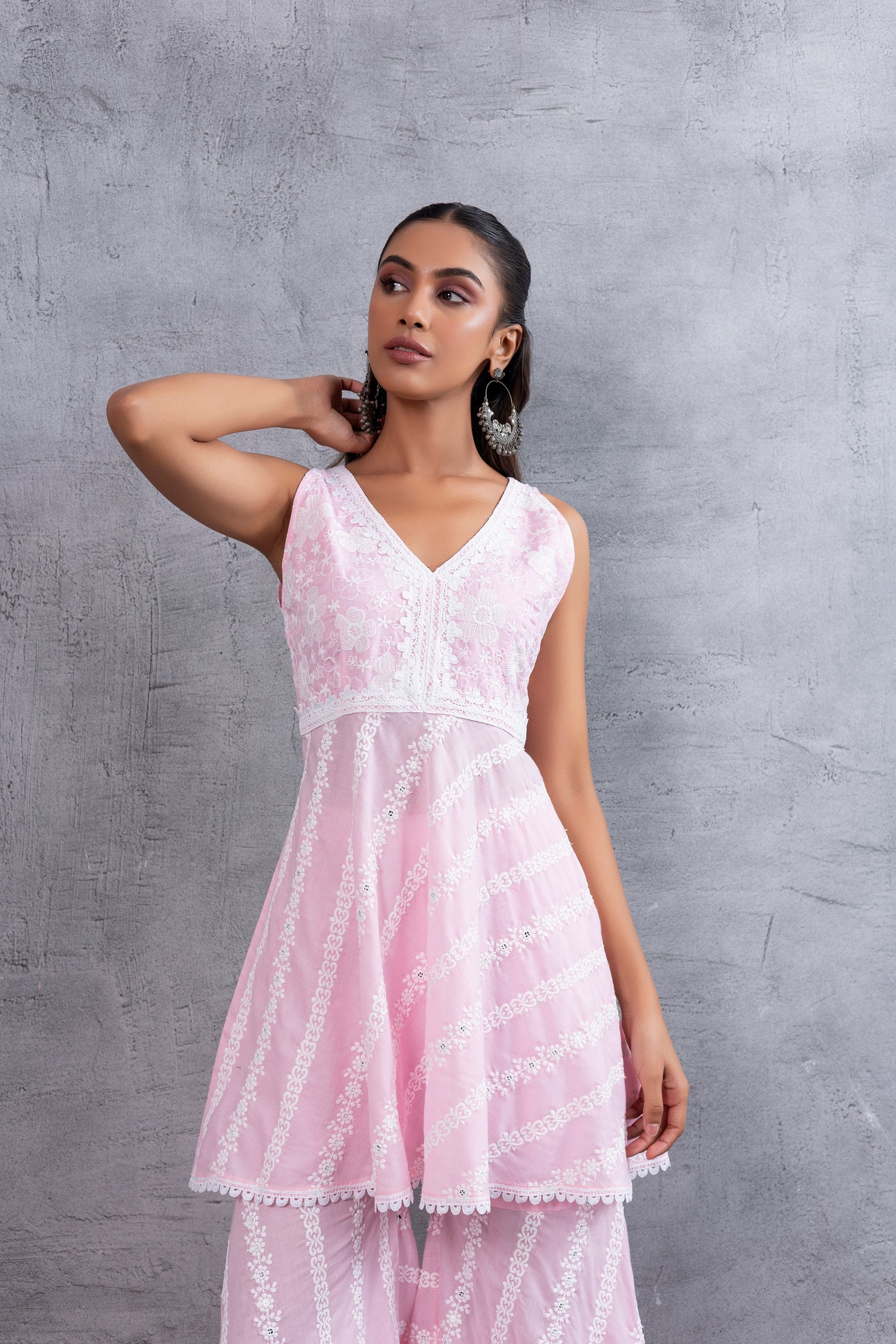 Baby Pink Floral Embroidered Bias CutKurta set