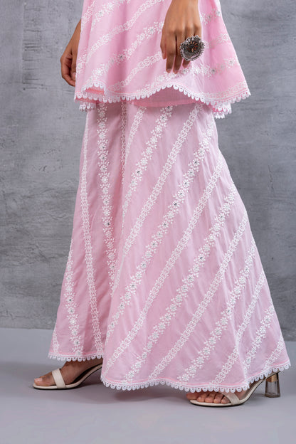 Baby Pink Floral Embroidered Bias CutKurta set
