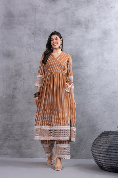 Caramel Brown Angrakha Style Chikankari Kurta set