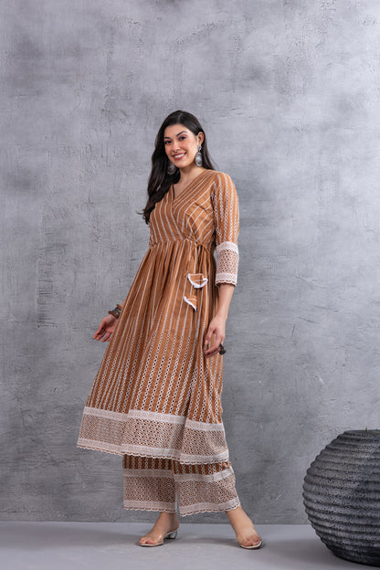 Caramel Brown Angrakha Style Chikankari Kurta set
